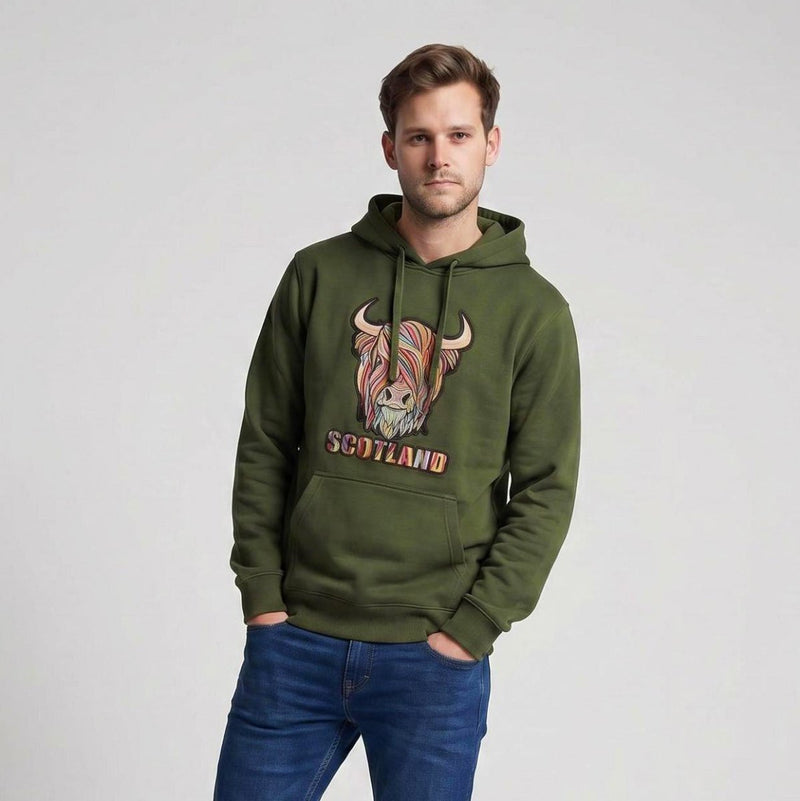 Adults Pastel Highland Cow Hooded Top – Asparagus Green - Heritage Of Scotland - XS