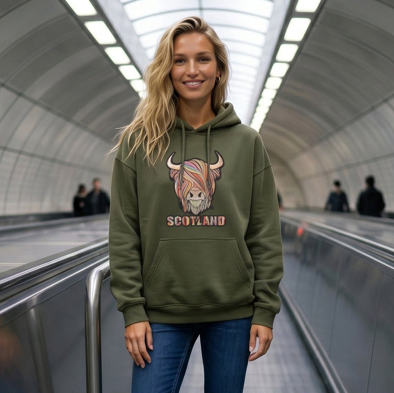 Adults Pastel Highland Cow Hooded Top – Asparagus Green - Heritage Of Scotland - XS