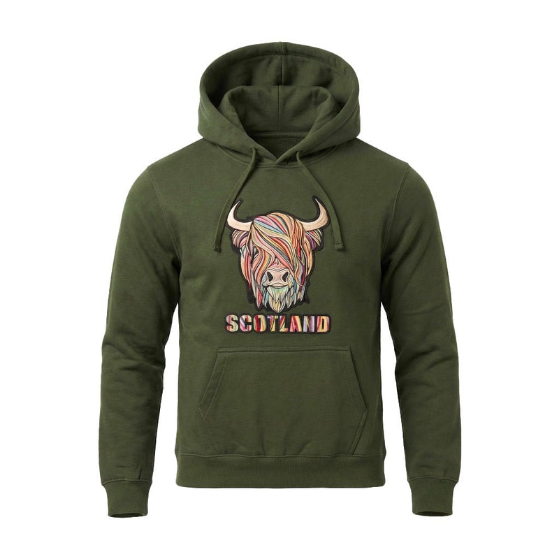 Adults Pastel Highland Cow Hooded Top – Asparagus Green - Heritage Of Scotland - XS