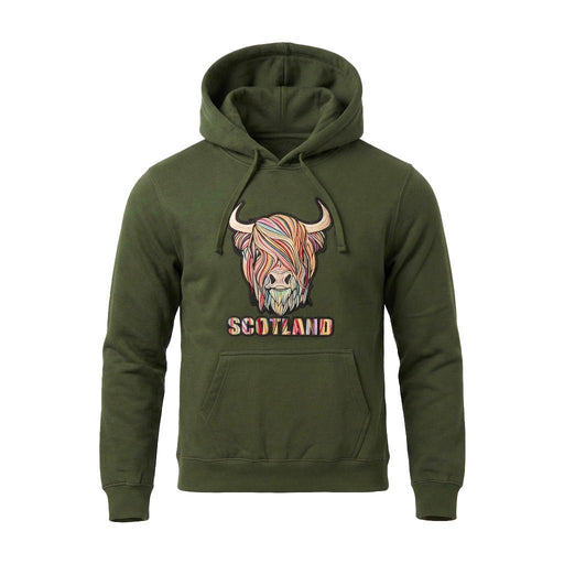 Adults Pastel Highland Cow Hooded Top – Asparagus Green - Heritage Of Scotland - XS