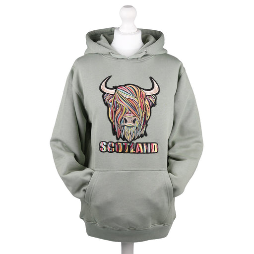 ADULTS PASTEL HIGHLAND COW HOODED TOP DUSTY GREEN - Heritage Of Scotland - XS