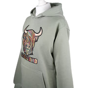 ADULTS PASTEL HIGHLAND COW HOODED TOP DUSTY GREEN - Heritage Of Scotland - XS