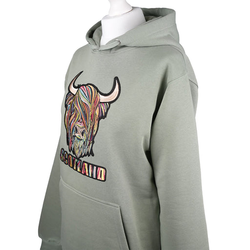 ADULTS PASTEL HIGHLAND COW HOODED TOP DUSTY GREEN - Heritage Of Scotland - XS