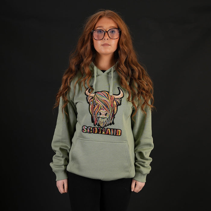 ADULTS PASTEL HIGHLAND COW HOODED TOP DUSTY GREEN - Heritage Of Scotland - XS