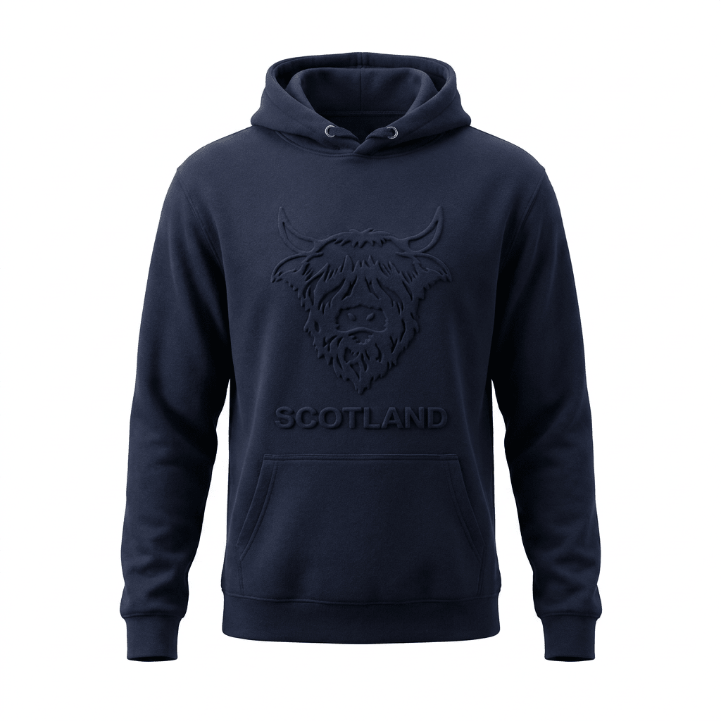 Adults Scotland Highland Cow Embossed Hoodie - Heritage Of Scotland - NAVY / S