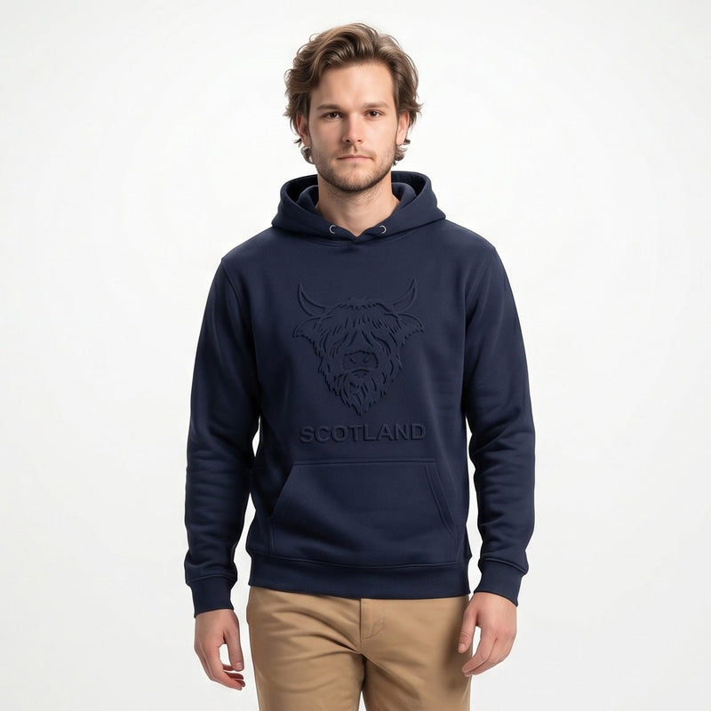 Adults Scotland Highland Cow Embossed Hoodie - Heritage Of Scotland - NAVY / S