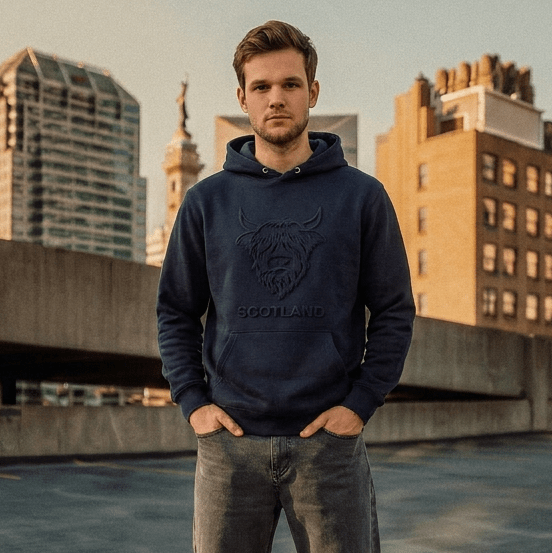 Adults Scotland Highland Cow Embossed Hoodie - Heritage Of Scotland - NAVY / S