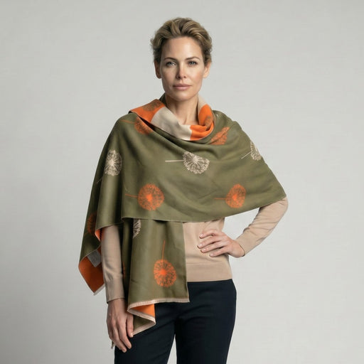 Allium Super Soft Printed Stole – Olive Green & Orange Floral Scarf - Heritage Of Scotland - OLIVE