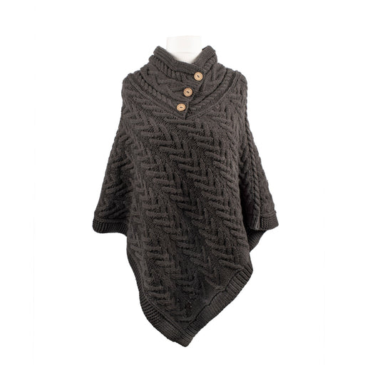 Aran Cable Button Shawl Neck Poncho - Heritage Of Scotland - CHARCOAL