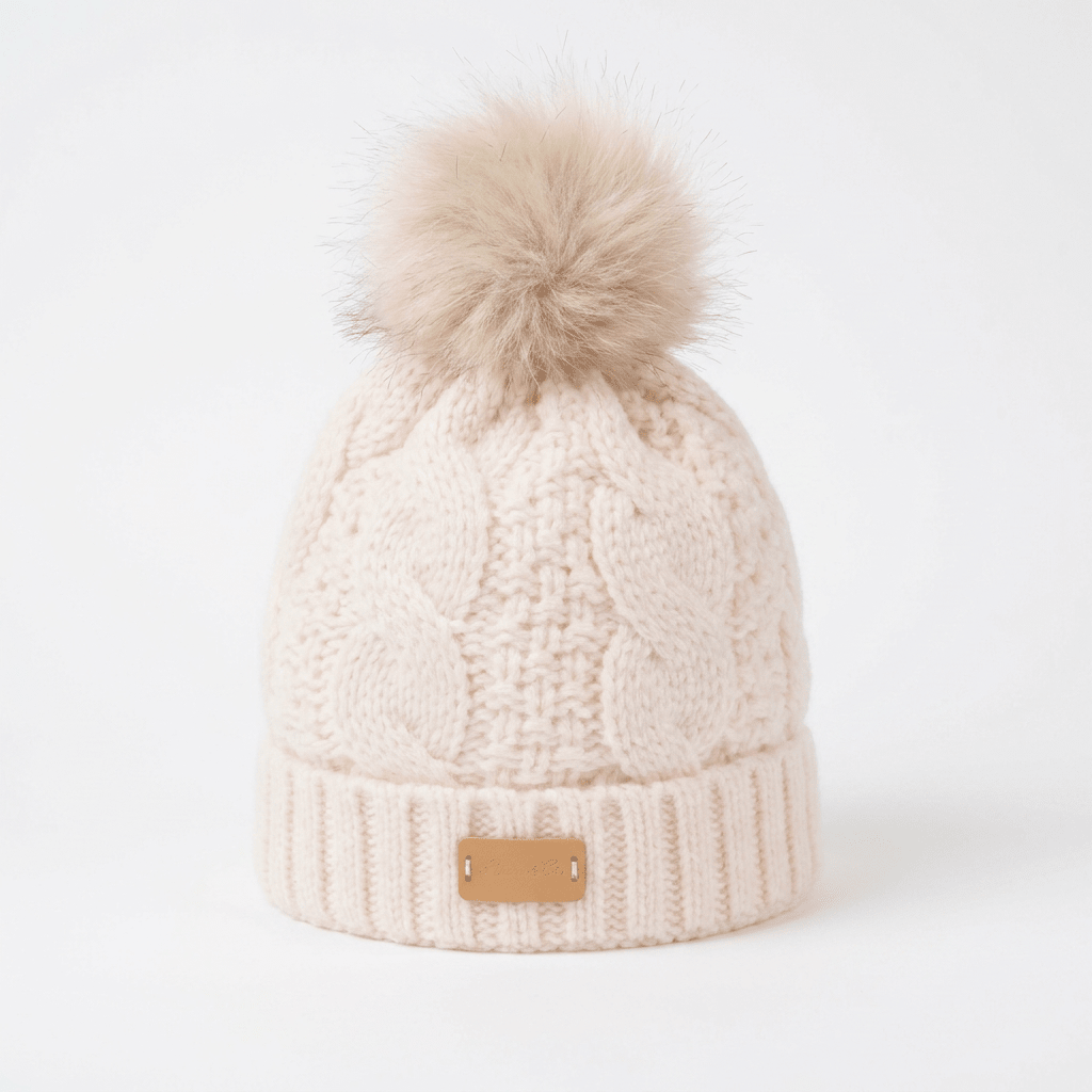 Aran Ladies Cable Knit Faux Fur Pom Pom Winter Hat - Cream - Heritage Of Scotland -