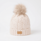 Aran Ladies Cable Knit Faux Fur Pom Pom Winter Hat - Cream - Heritage Of Scotland -