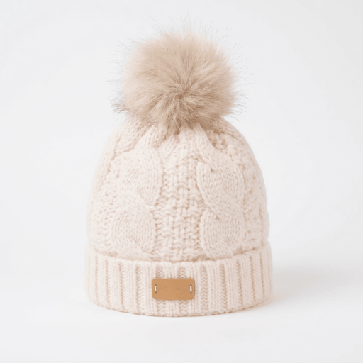 Aran Ladies Cable Knit Faux Fur Pom Pom Winter Hat - Cream - Heritage Of Scotland -