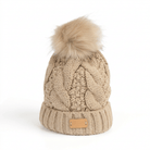 Aran Ladies Cable Knit Faux Fur Pom Pom Winter Hat - Khaki - Heritage Of Scotland -