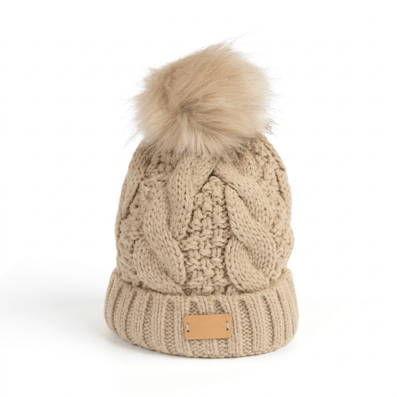 Aran Ladies Cable Knit Faux Fur Pom Pom Winter Hat - Khaki - Heritage Of Scotland -