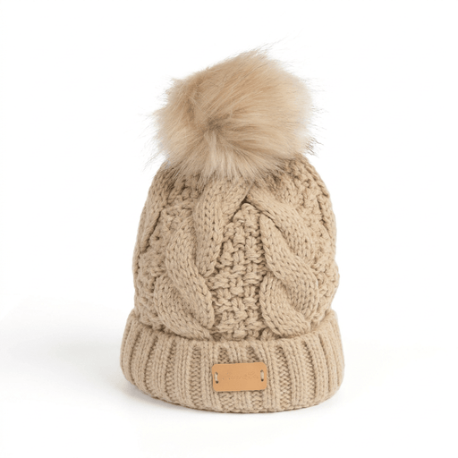 Aran Ladies Cable Knit Faux Fur Pom Pom Winter Hat - Khaki - Heritage Of Scotland -