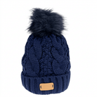 Aran Ladies Cable Knit Faux Fur Pom Pom Winter Hat - Navy - Heritage Of Scotland -