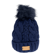 Aran Ladies Cable Knit Faux Fur Pom Pom Winter Hat - Navy - Heritage Of Scotland -