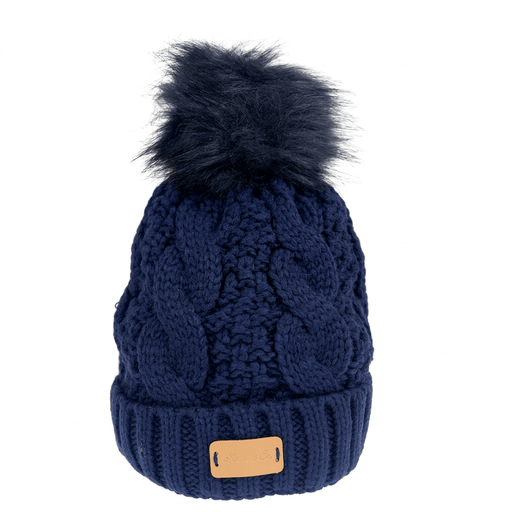 Aran Ladies Cable Knit Faux Fur Pom Pom Winter Hat - Navy - Heritage Of Scotland -