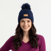 Aran Ladies Cable Knit Faux Fur Pom Pom Winter Hat - Navy - Heritage Of Scotland -