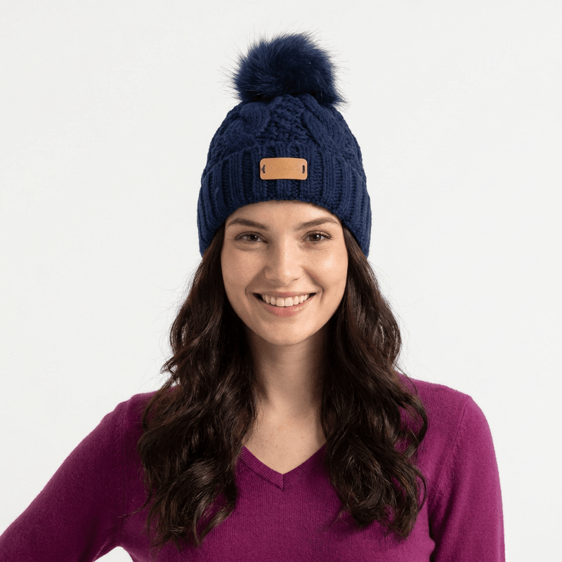 Aran Ladies Cable Knit Faux Fur Pom Pom Winter Hat - Navy - Heritage Of Scotland -