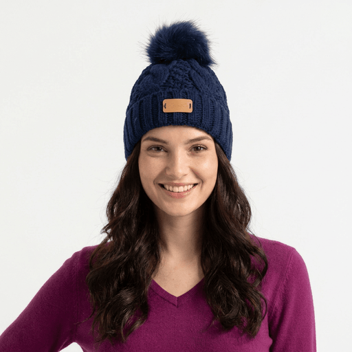Aran Ladies Cable Knit Faux Fur Pom Pom Winter Hat - Navy - Heritage Of Scotland -
