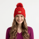 Aran Ladies Cable Knit Faux Fur Pom Pom Winter Hat - Red - Heritage Of Scotland -