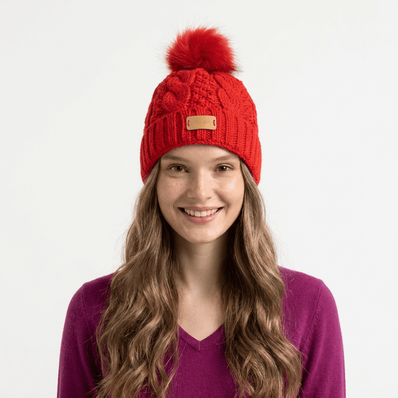 Aran Ladies Cable Knit Faux Fur Pom Pom Winter Hat - Red - Heritage Of Scotland -