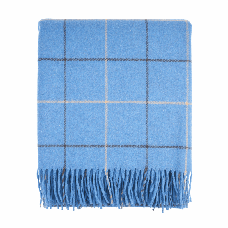 Ballantrae Highland Wool Blend Scottish Tartan Blanket Throw - Recycled Wool - 155 x 190 cm - SKY BLUE CHECK - Heritage Of Scotland - 