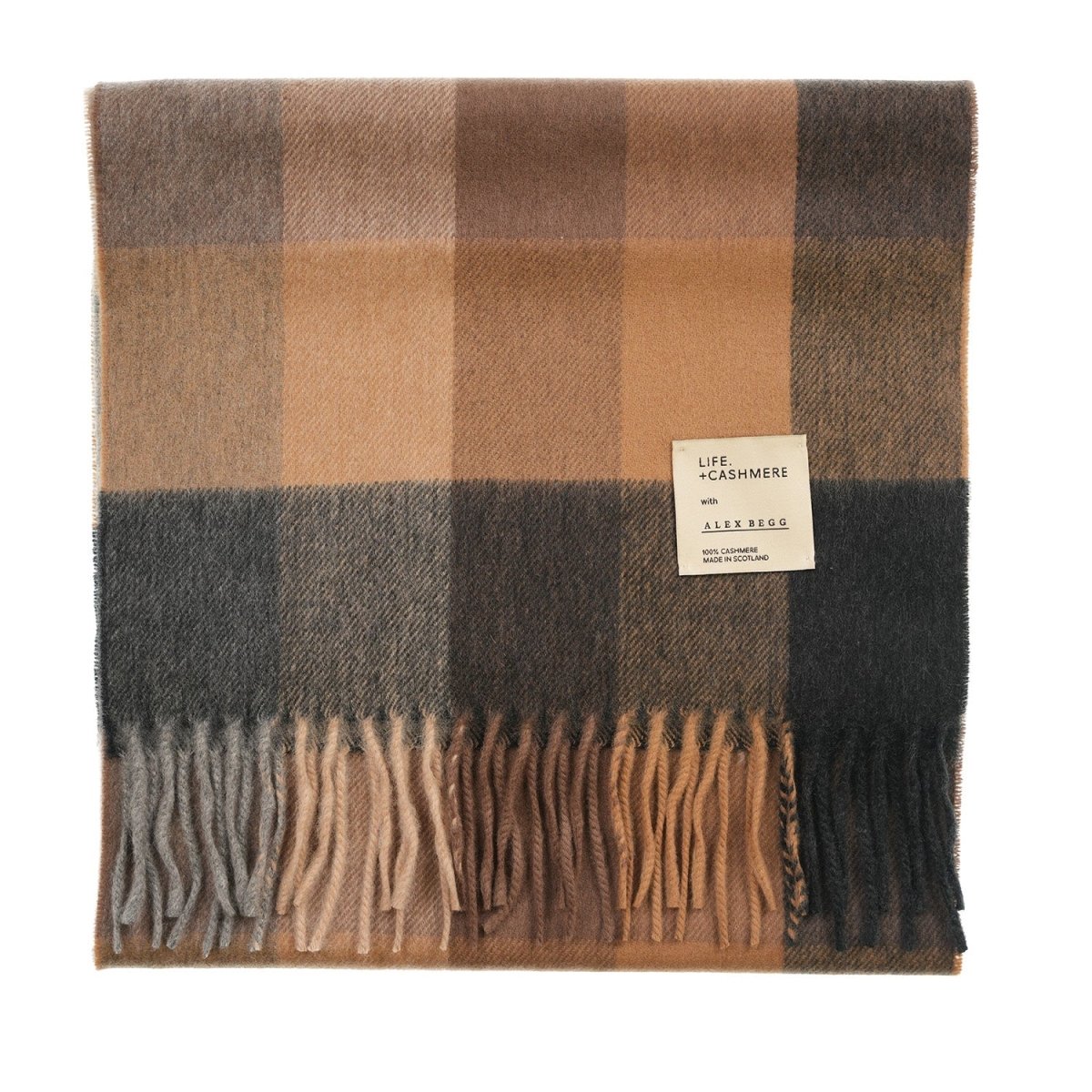 Balmoral 100% Cashmere Woven Scarf Tartan and Checks - Made in Scotland - BLOCK CHECK NATURAL - Heritage Of Scotland -
