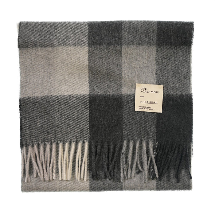 Balmoral 100% Cashmere Woven Scarf Tartans and Checks - Made in Scotland - Heritage Of Scotland - BLOCK CHECK GREY MIX
