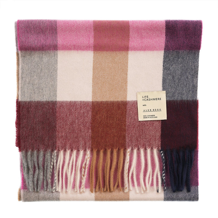 Balmoral 100% Cashmere Woven Scarf Tartans and Checks - Made in Scotland - Heritage Of Scotland - BLOCK CHECK NEW PINK