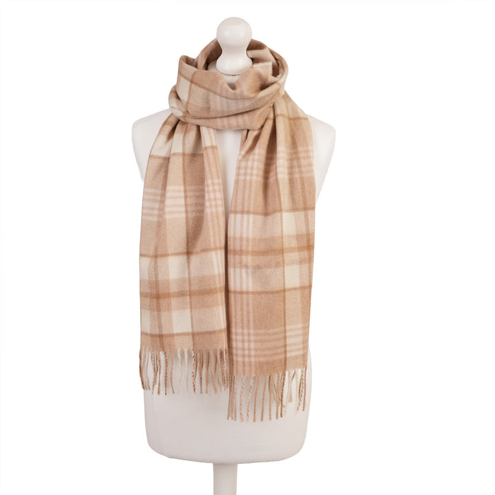 Balmoral 100% Cashmere Woven Scarf Tartans and Checks - Made in Scotland - Heritage Of Scotland - MORAY CHECK NATURAL