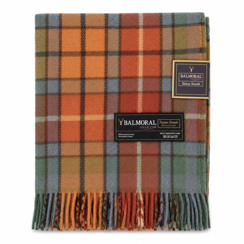 Balmoral Highland Wool Blend Scottish Tartan Blanket Throw - Recycled Wool - 155 x 190 cm - BUCHANAN AUTUMN - Heritage Of Scotland -