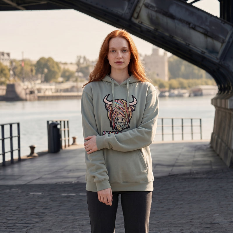 Adults Pastel Highland Cow Hooded Top - Dusty Green