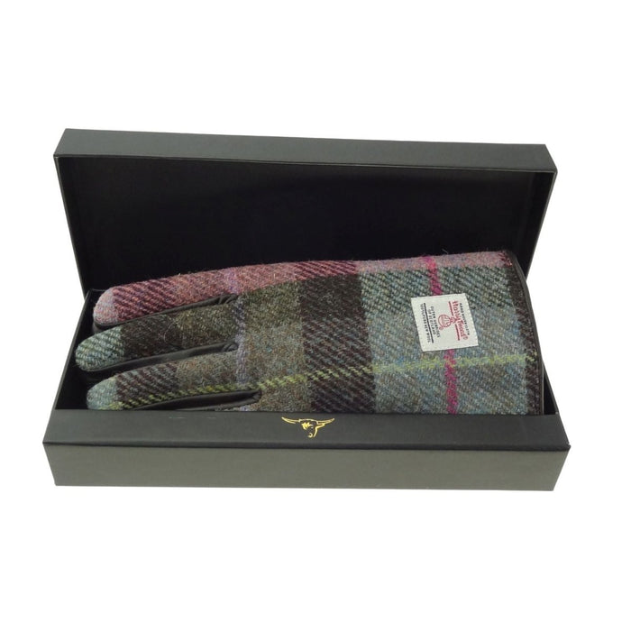 Boxed Harris Tweed and Brown Leather Ladies Gloves - Heritage Of Scotland - COL137 / MED