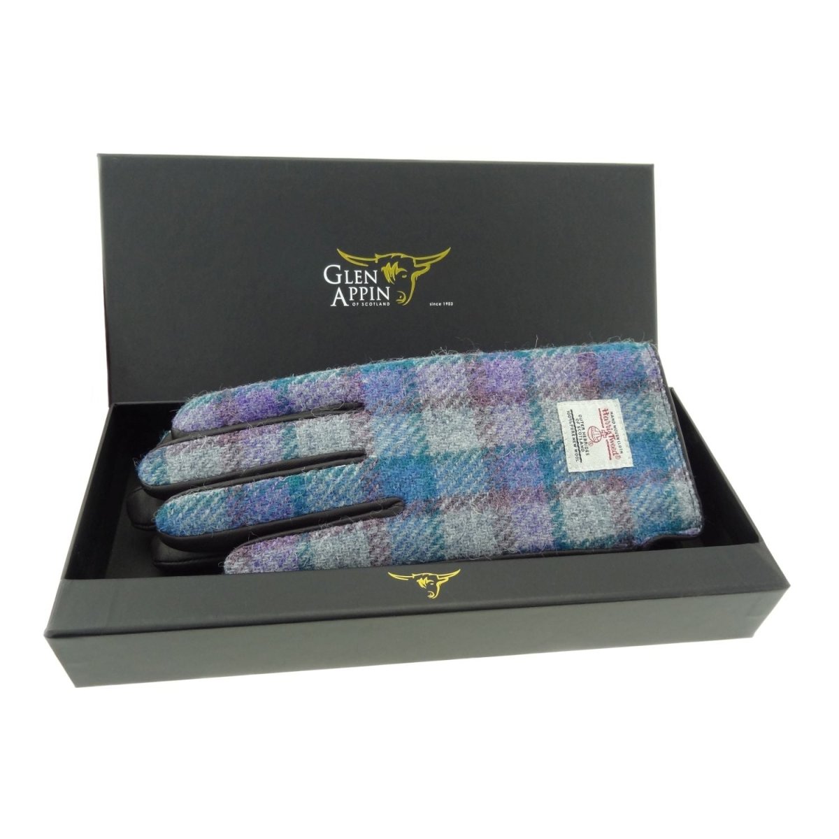 Boxed Harris Tweed and Brown Leather Ladies Gloves in Blue/Purple Check on Grey (COL098) - Heritage Of Scotland - Large