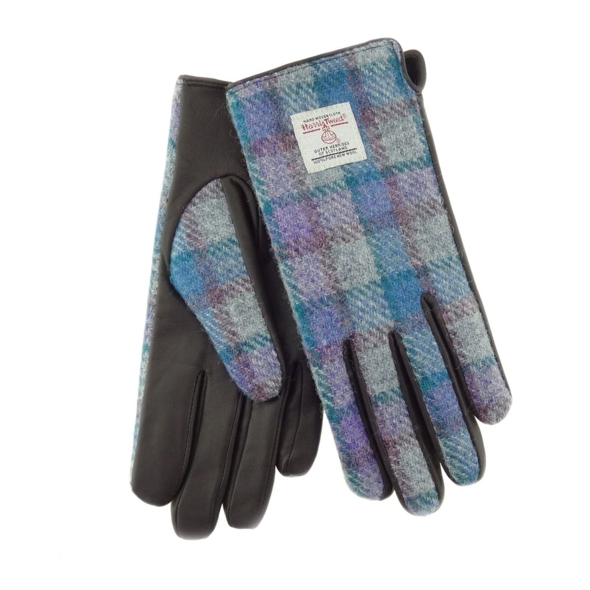 Boxed Harris Tweed and Brown Leather Ladies Gloves in Blue/Purple Check on Grey (COL098) - Heritage Of Scotland - Large