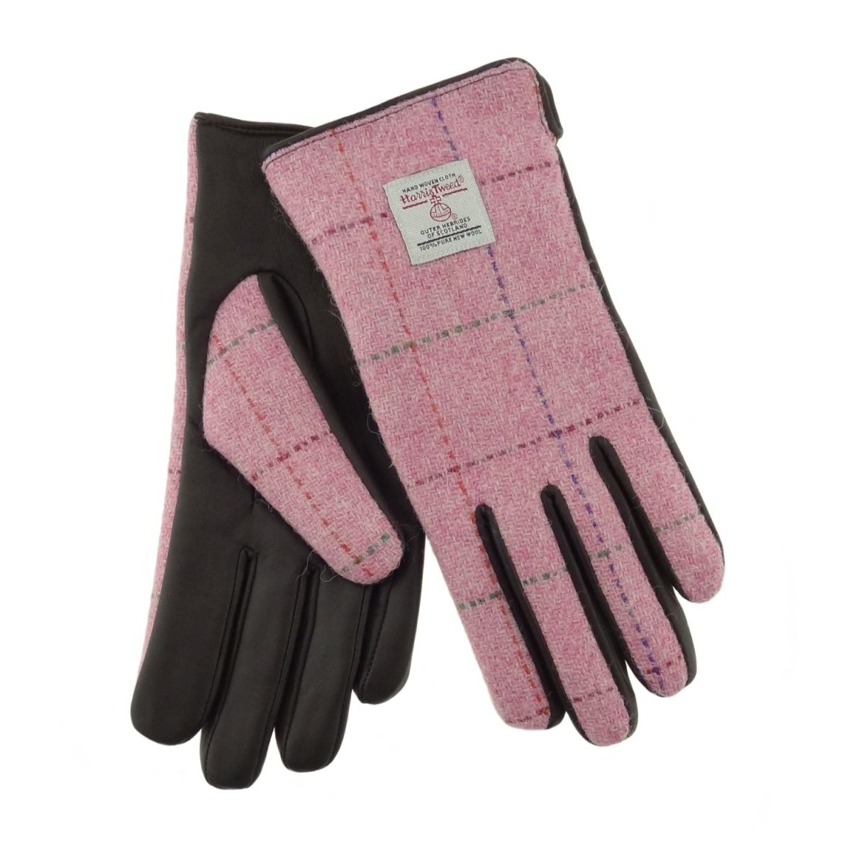 Boxed Harris Tweed and Brown Leather Ladies Gloves in Bright Pink with Overcheck (COL068) - Heritage Of Scotland - Large
