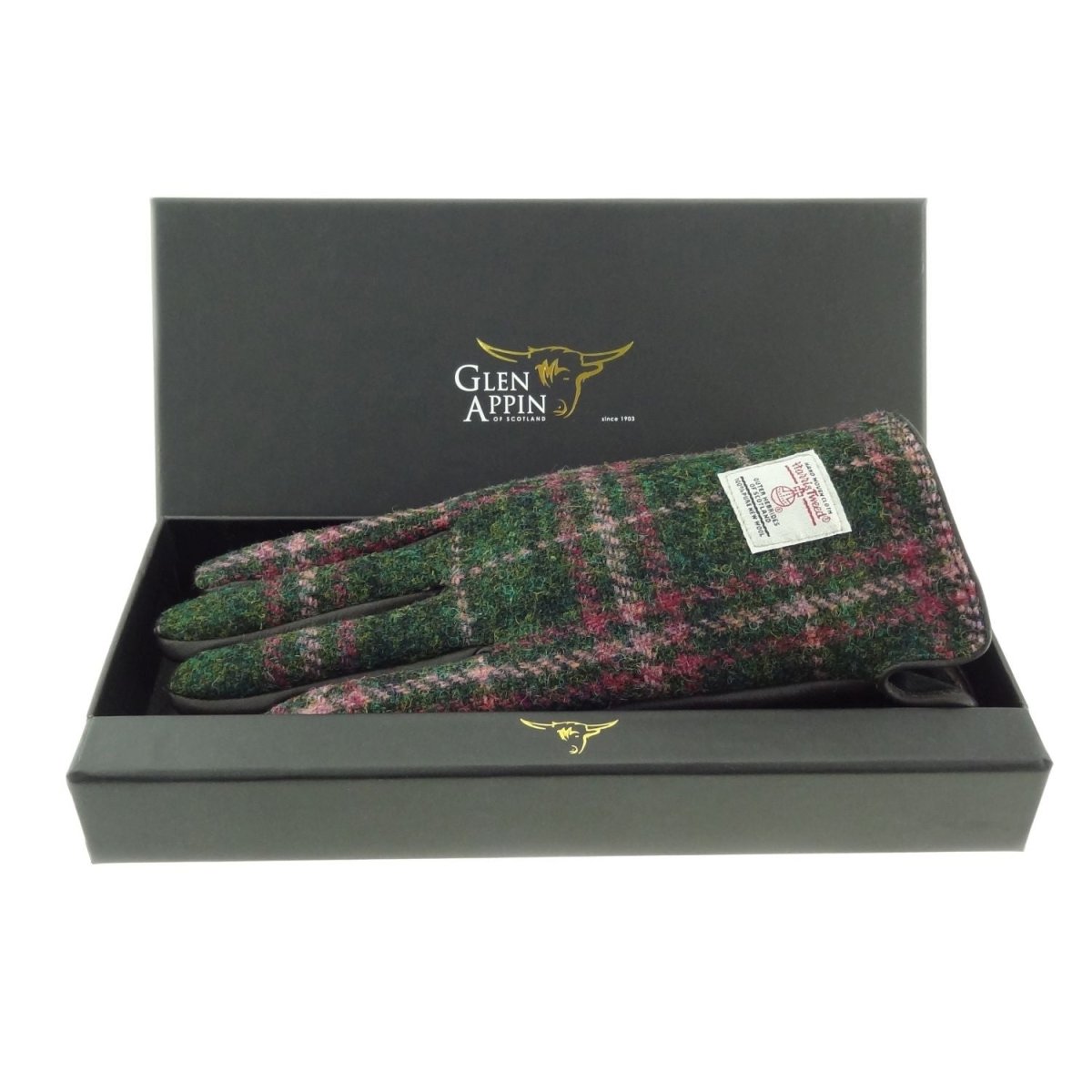 Boxed Harris Tweed and Brown Leather Ladies Gloves in Dark Green & Plum Check (COL107) - Heritage Of Scotland - Large