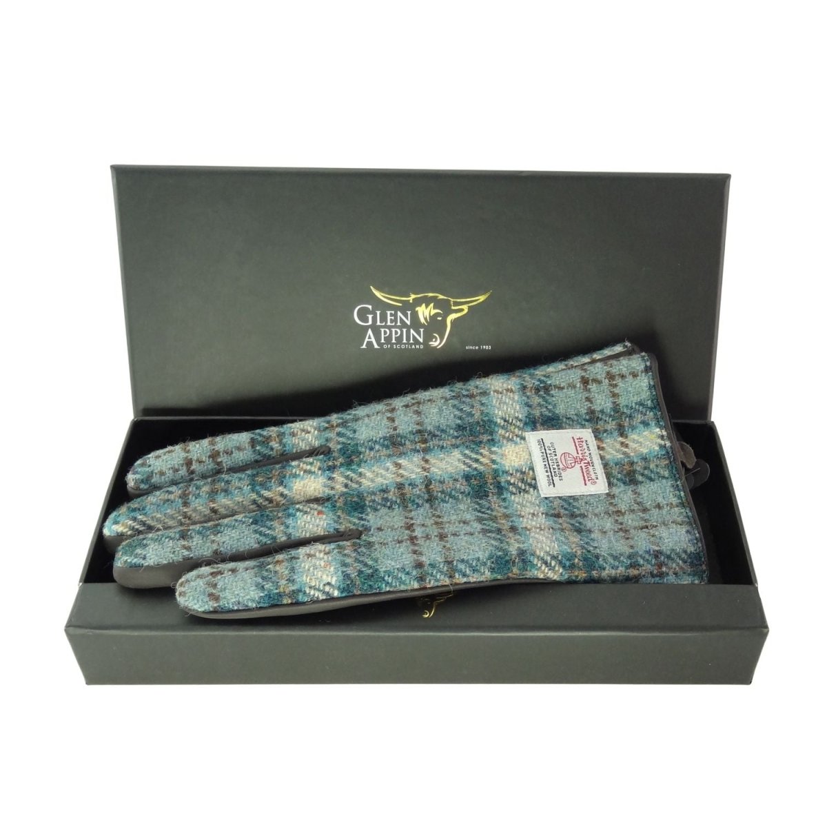 Boxed Harris Tweed and Brown Leather Ladies Gloves in Duck Egg and Cream Check (COL121) - Heritage Of Scotland - Large