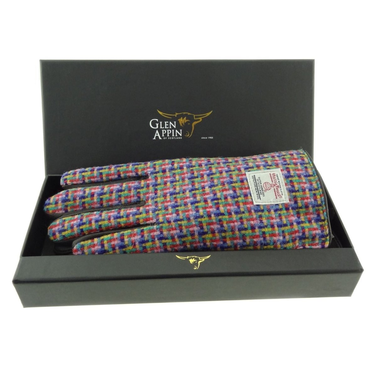 Boxed Harris Tweed and Brown Leather Ladies Gloves in Jazzy Weave (COL116) - Heritage Of Scotland - Large