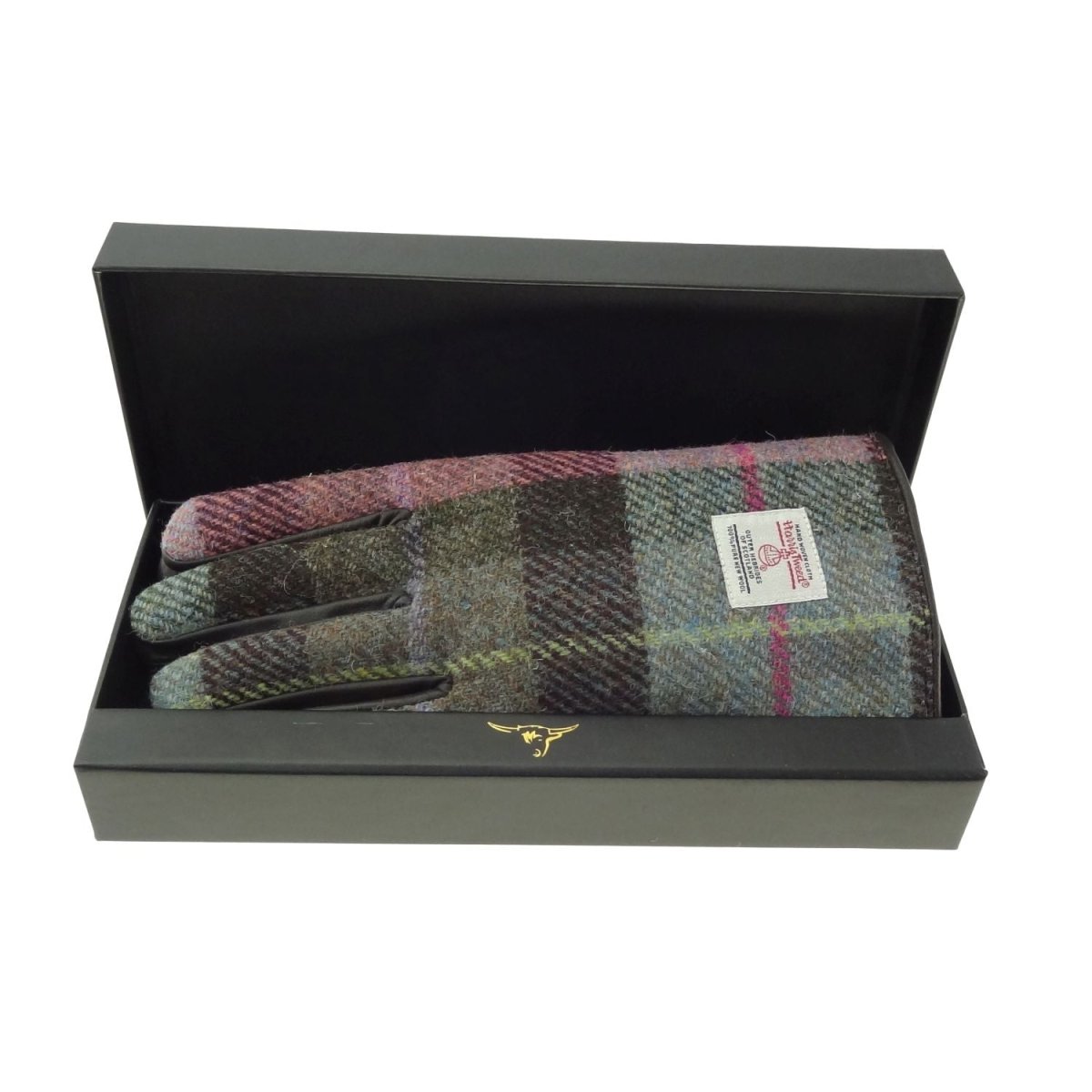 Boxed Harris Tweed and Brown Leather Ladies Gloves in Muted Green & Rose Pink (COL137) - Heritage Of Scotland - Large