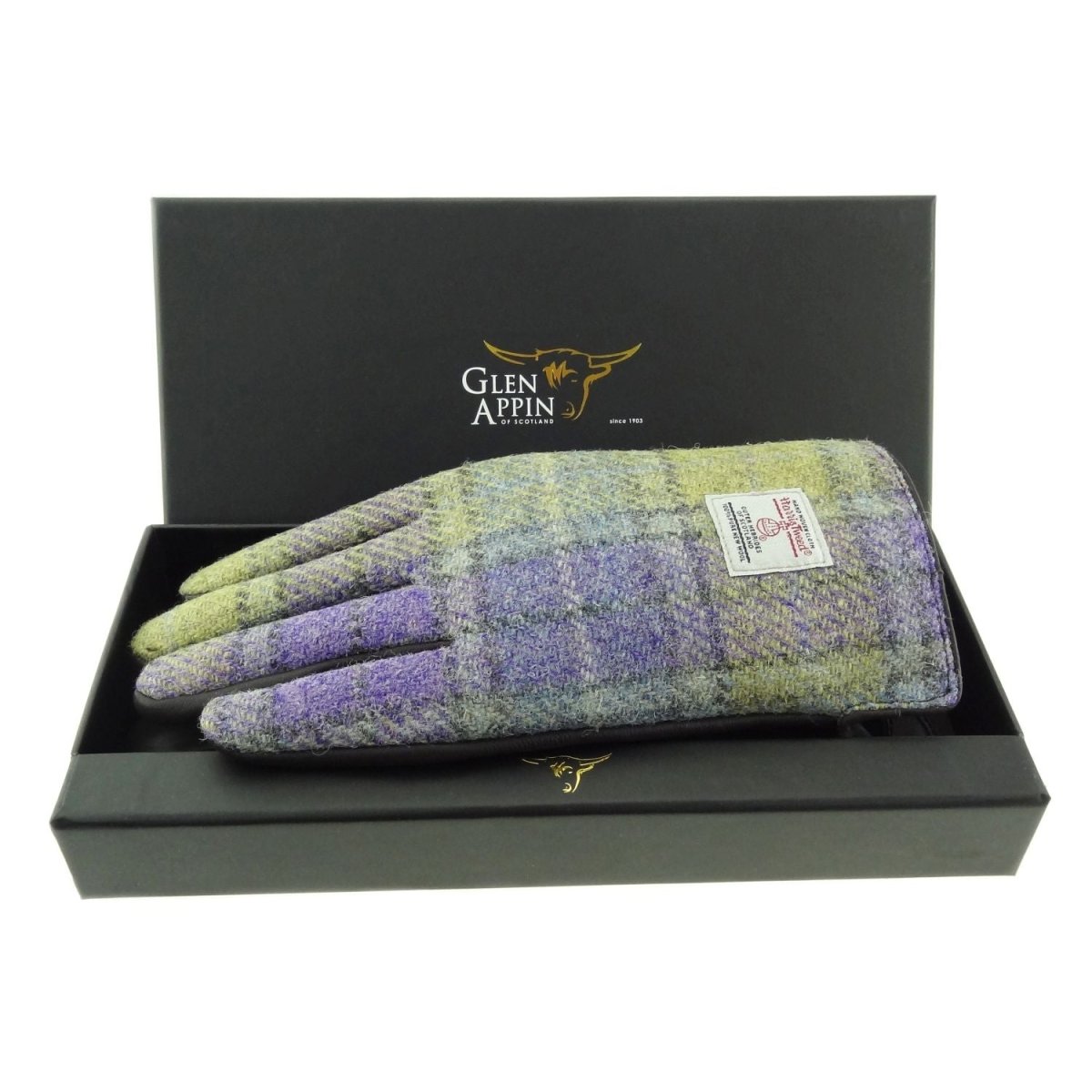 Boxed Harris Tweed and Brown Leather Ladies Gloves in Muted Lilac / Lime Green Tartan (COL112) - Heritage Of Scotland - Large