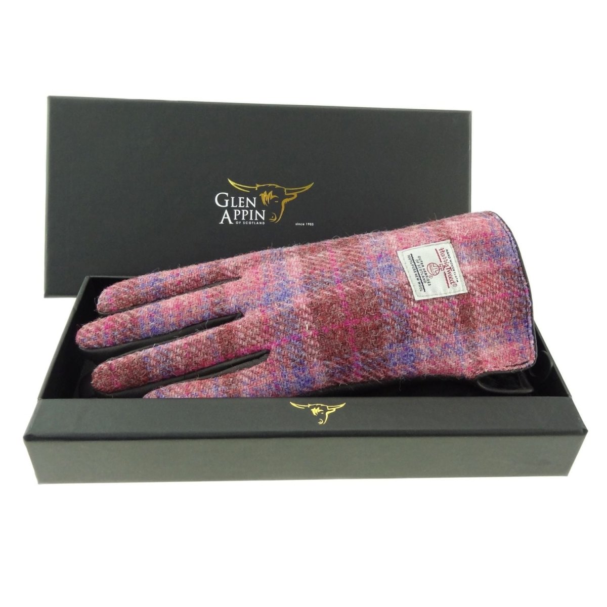 Boxed Harris Tweed and Brown Leather Ladies Gloves in Pink Check (COL103) - Heritage Of Scotland - Large