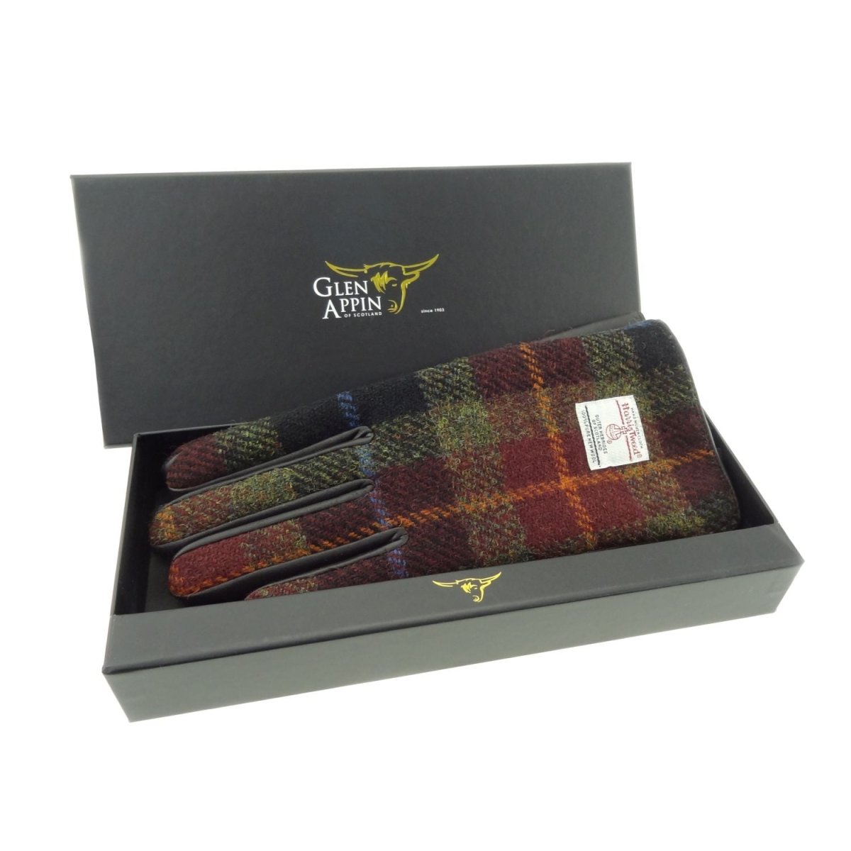 Boxed Harris Tweed and Brown Leather Ladies Gloves in Rust Check (COL059) - Heritage Of Scotland - Small