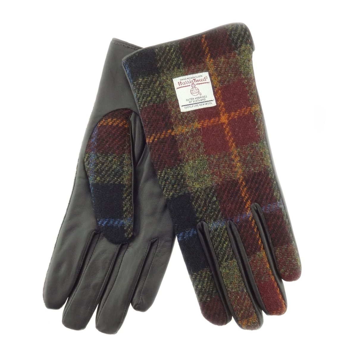 Boxed Harris Tweed and Brown Leather Ladies Gloves in Rust Check (COL059) - Heritage Of Scotland - Small