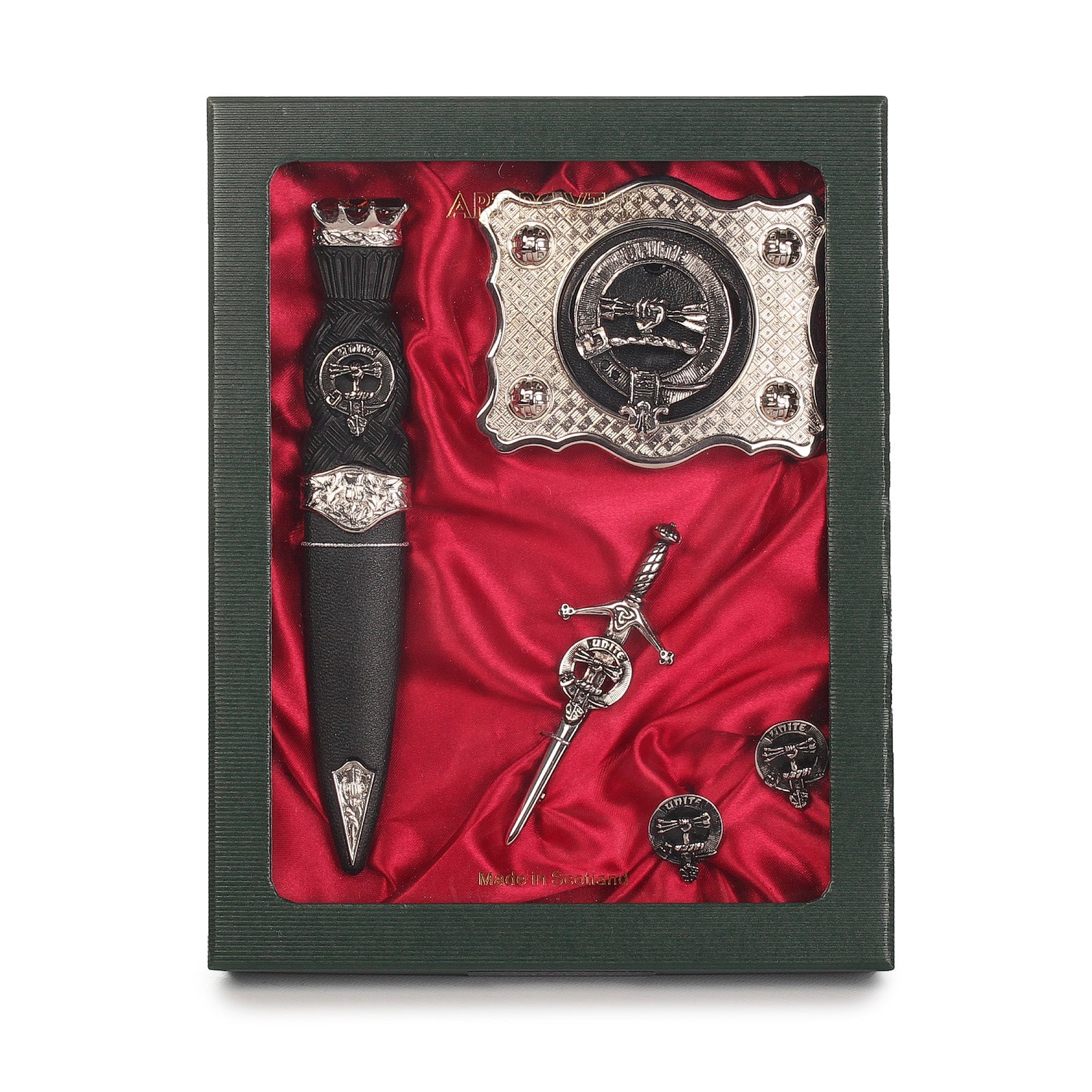 Brodie Clan Badge, Kilt Pin, Lapel Pin, Cufflinks, Keyring/Key Fob & Gift Set — Fine Pewter by Art Pewter — Made in Scotland (Shiny Finish) - Heritage Of Scotland - Gift Set