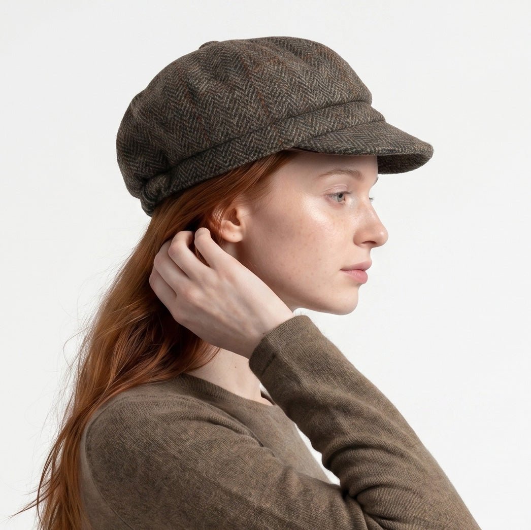 Brown Herringbone Harris Tweed Baker Boy Flat Cap - Heritage Of Scotland -