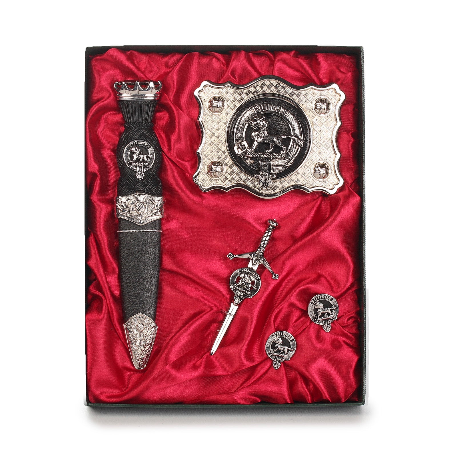 Bruce Clan Badge, Kilt Pin, Lapel Pin, Cufflinks, Keyring/Key Fob & Gift Set — Fine Pewter by Art Pewter — Made in Scotland (Shiny Finish) - Heritage Of Scotland - Gift Set