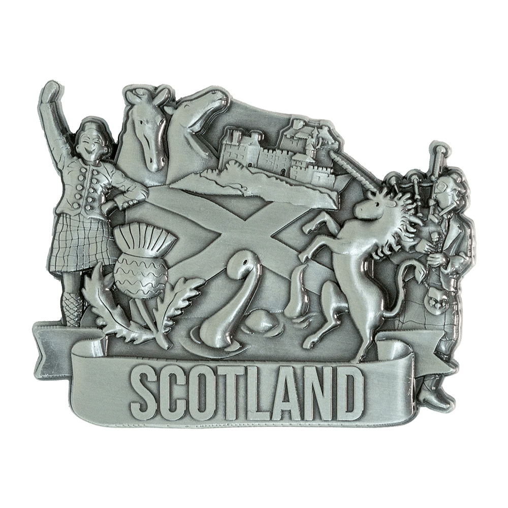 Brushed Metal Scotland Magnet – Puffin, Nessie, Coo, Collage & More - Heritage Of Scotland - Piper Collage